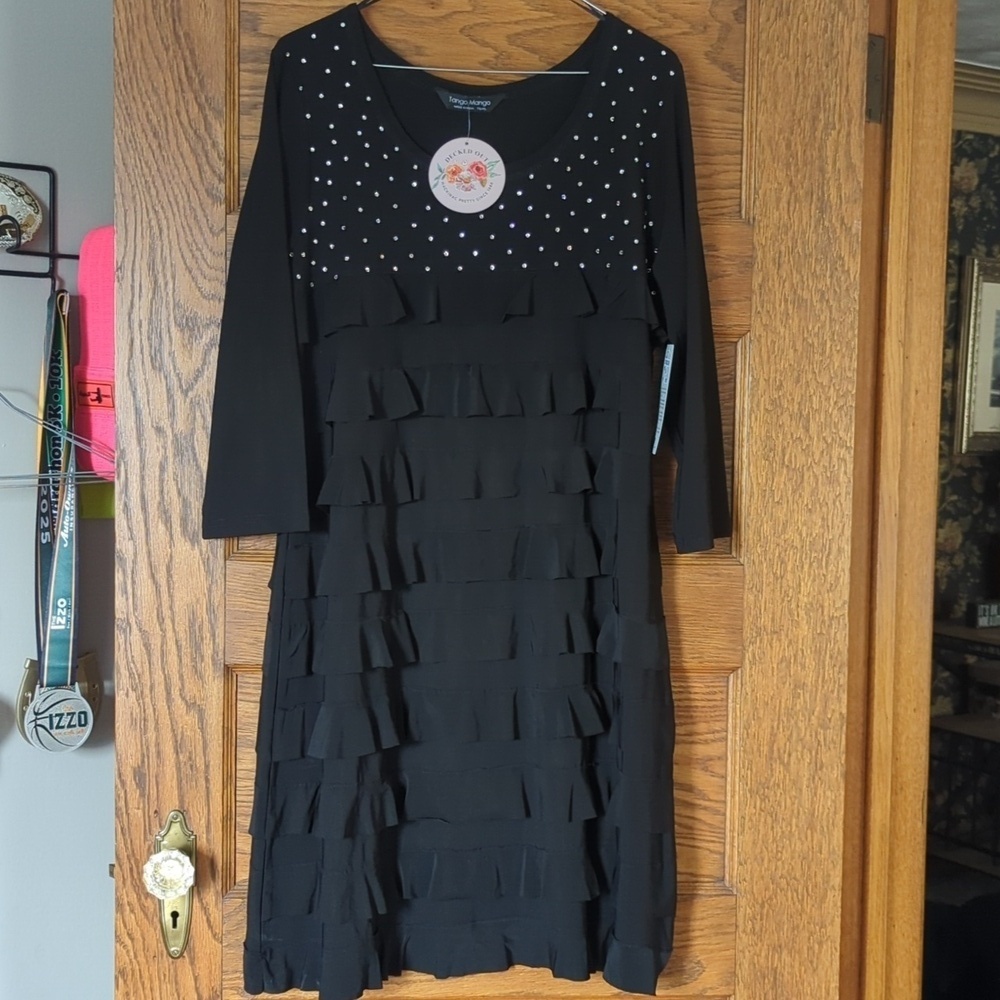 NWT Mango Tango Black Jeweled Ruffle Dress Women's Size XL - Picture 2 of 8